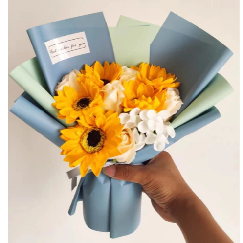 Sunflower Soap Flower Bouquet with Base l Fragrant Scent Artificial Sunflower Arrangement (Bunga Wangi Matahari) for Gift & Decoration