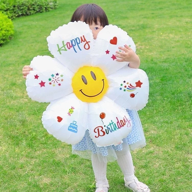 32 Inch White Smiling Face Chrysanthemum Foil Balloon l Happy Birthday Number Balloon with Stickers for Party & Celebration Decoration
