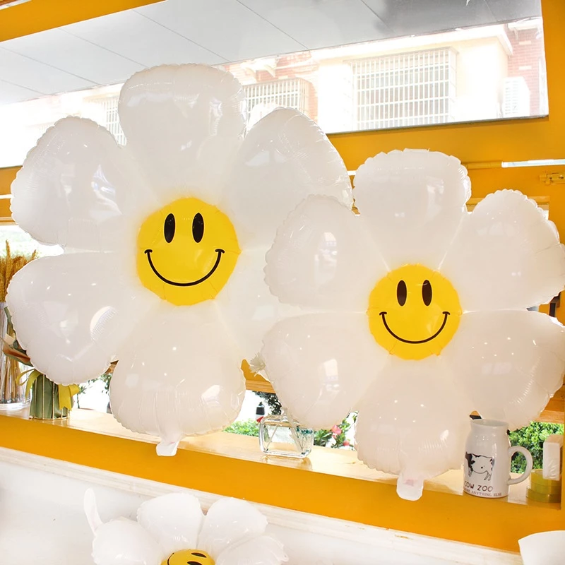 32 Inch White Smiling Face Chrysanthemum Foil Balloon l Happy Birthday Number Balloon with Stickers for Party & Celebration Decoration