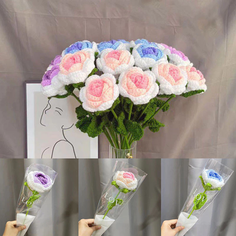 Creative Handmade Crochet Rose Bouquet l Gradient Color Knitted Simulation Flower Gift for Teacher's Day, Valentine's Day & Special Occasions