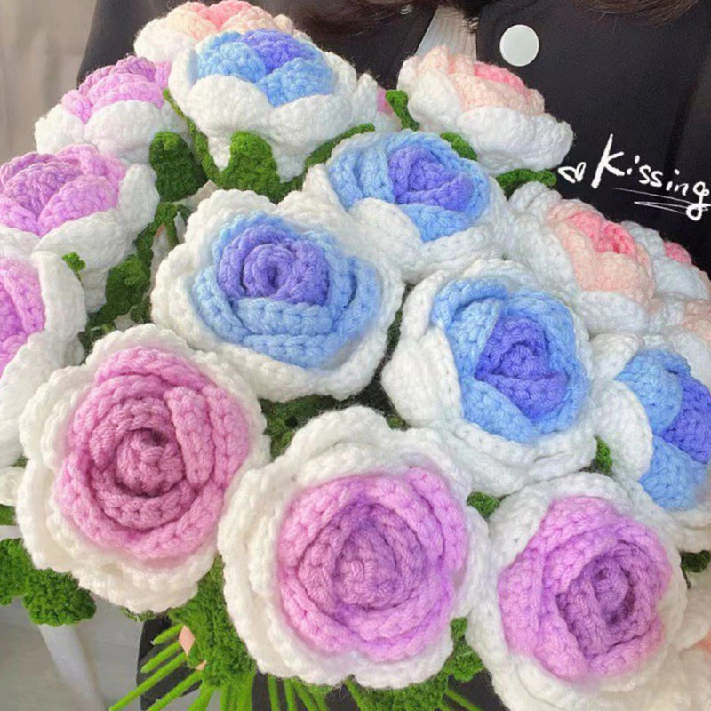 Creative Handmade Crochet Rose Bouquet l Gradient Color Knitted Simulation Flower Gift for Teacher's Day, Valentine's Day & Special Occasions