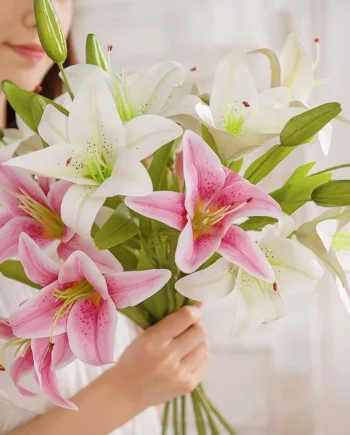 3 Heads Artificial Lily Bouquet l Plastic Fake Flower Arrangement for Wedding, Home & Hotel Decoration