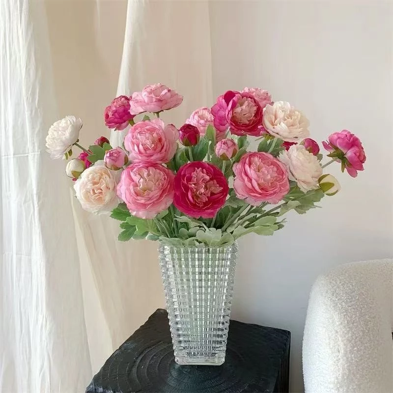 3 Heads Flocking Peony Artificial Flower l Faux Rose Lotus for Living Room Table Decor, Wedding Wall Decoration & Photography Props
