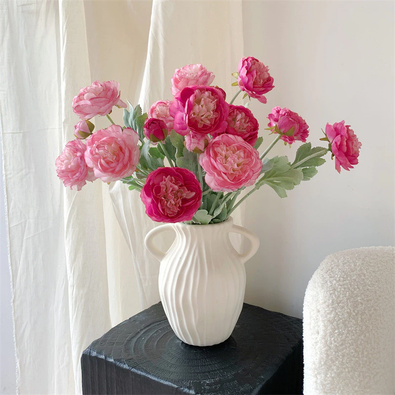 3 Heads Flocking Peony Artificial Flower l Faux Rose Lotus for Living Room Table Decor, Wedding Wall Decoration & Photography Props